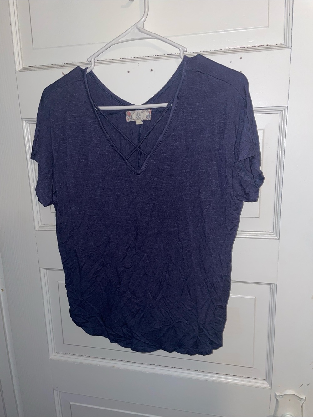 Pink Rose Navy Crisscross V-Neck Short Sleeve Top